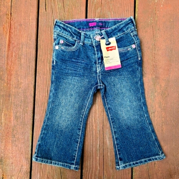 Levi's Baby Girls Flare Jeans Bottoms Blue W/Pink Buttons Sz 12 Months NWT - Picture 2 of 12